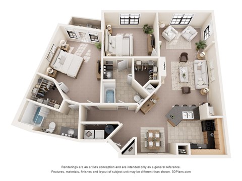 Floor plan for 2 beds, 2 baths, 1375 sqft